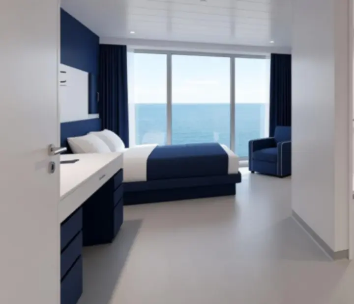 Accessible cruise cabin with spacious layout and step-free bathroom