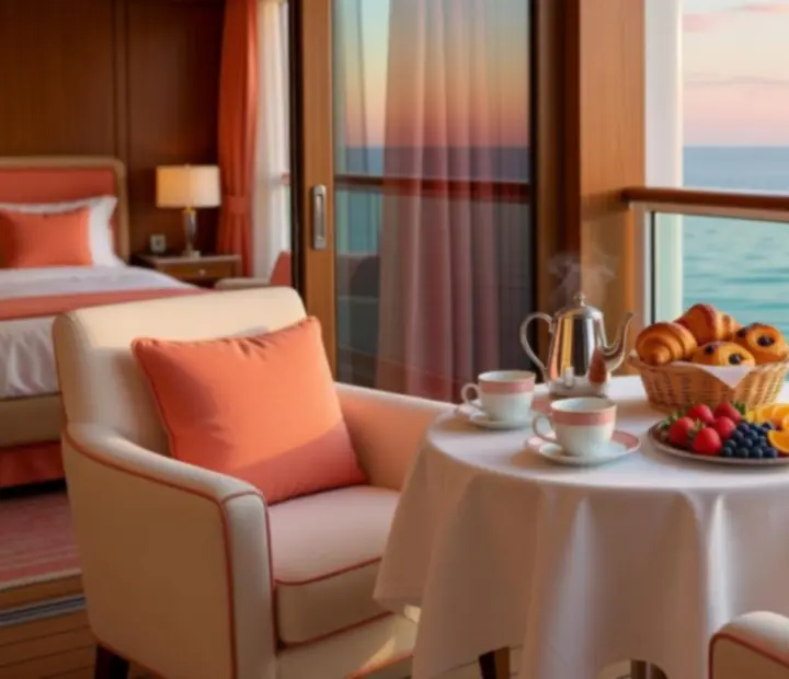 Breakfast served on a private cruise cabin balcony overlooking the ocean
