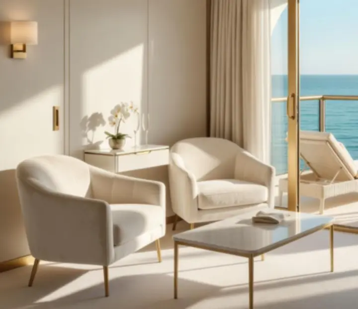 Balcony cruise stateroom with private outdoor seating and ocean views