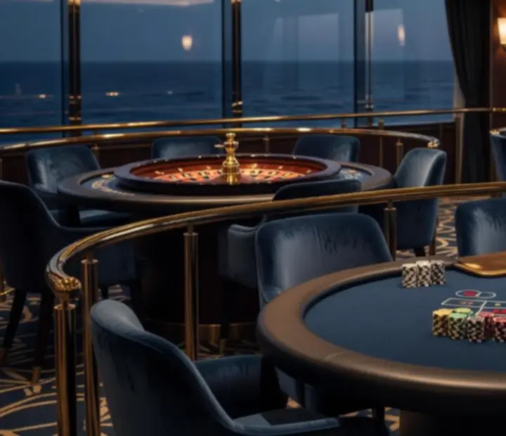 Elegant cruise ship casino card room with poker and roulette tables