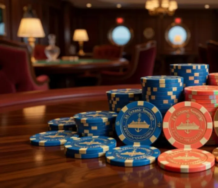 Stacked cruise casino chips with ship branding and maritime colours