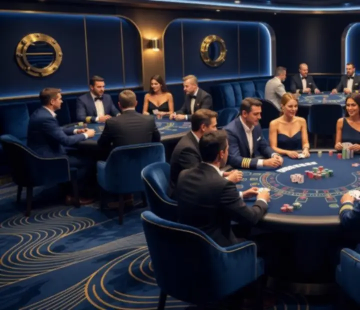 Sophisticated cruise ship casino gaming lounge with poker and roulette tables