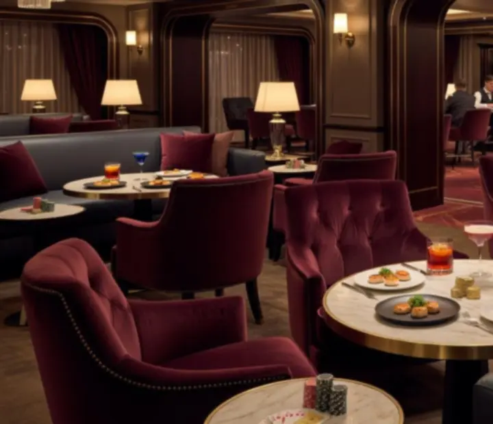 Casino lounge dining area on a cruise ship with gourmet plates and glowing table games nearby