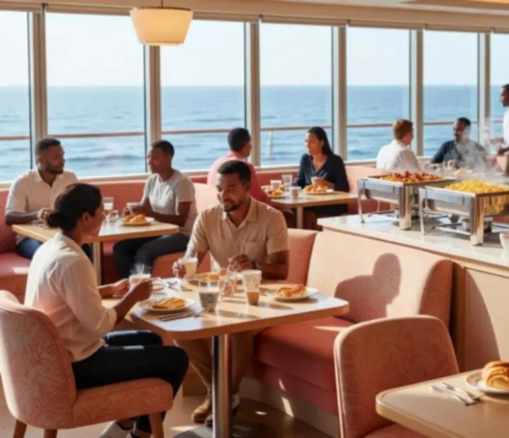 Bright cruise ship café with panoramic daytime ocean views