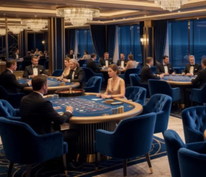 Elegant cruise ship casino lounge with gaming tables and oceanic lighting