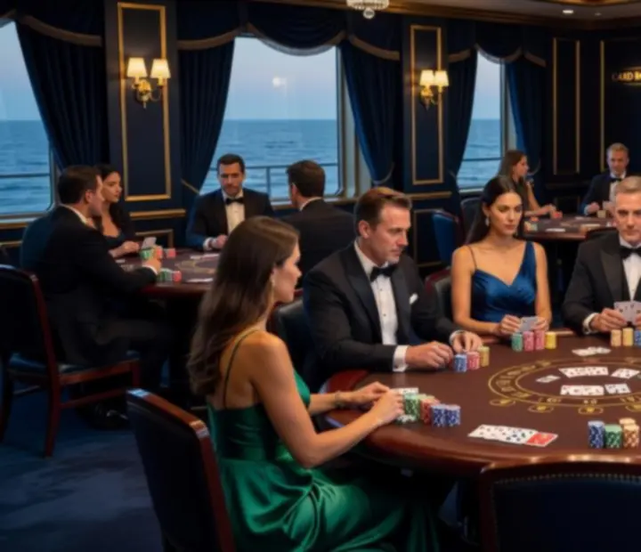Refined cruise ship casino room with poker tables and ambient lighting