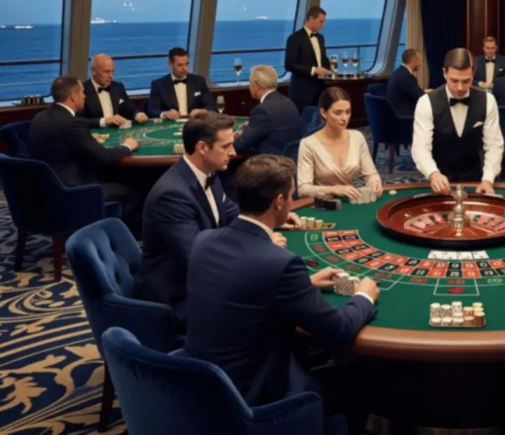 Elegant cruise ship casino with roulette and blackjack tables
