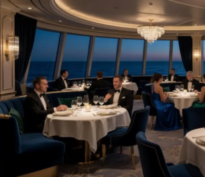 Elegant cruise ship restaurant overlooking the ocean at dusk