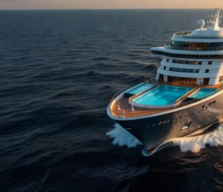 Cinematic view of cruise ship facilities overlooking the ocean at dusk