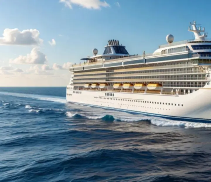 Modern cruise liner cutting through deep ocean blue waters at dusk
