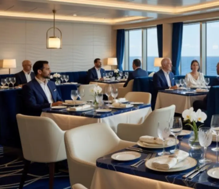 Elegant cruise ship restaurant with oceanview dining tables