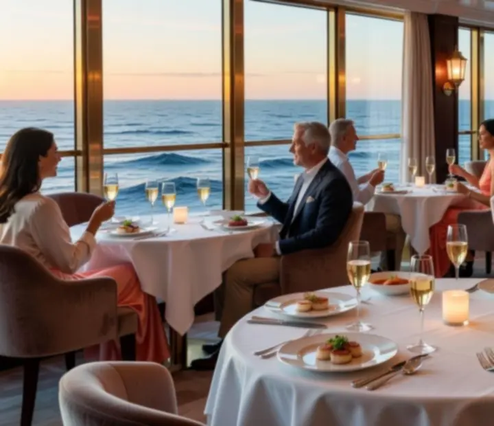 Elegant cruise ship restaurant with ocean views and candlelit tables