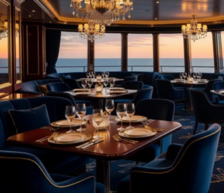 Panoramic fine dining restaurant aboard a modern cruise ship with navy and champagne gold decor
