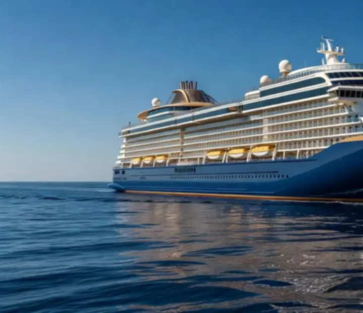 Modern cruise liner gliding through the ocean at dusk