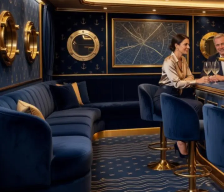 Cruise ship wine lounge with Champagne bottles and ambient lighting