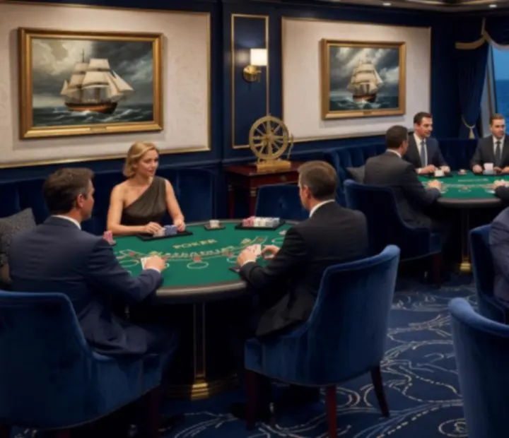 Sophisticated cruise ship gaming lounge interior with casino tables and bar seating