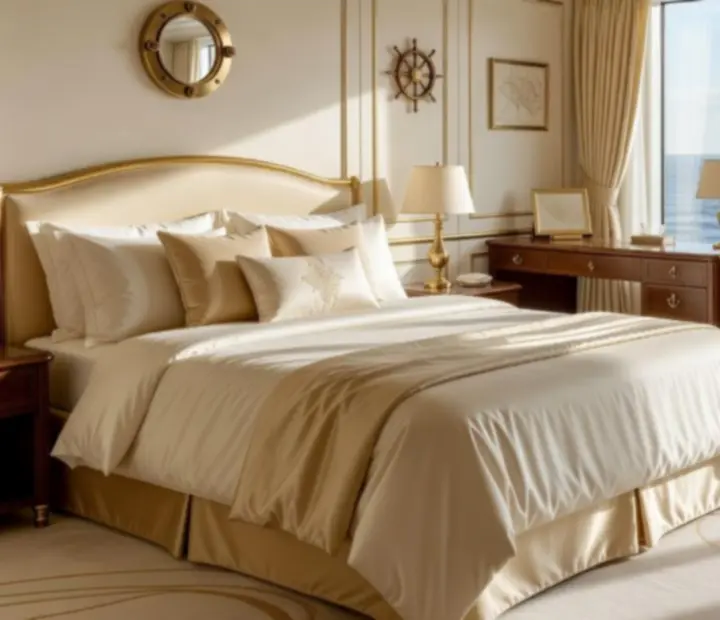 Elegant luxury cabin interior with panoramic ocean views and warm lighting