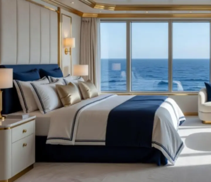 Luxury cruise cabin suite with ocean-inspired decor and soft lighting