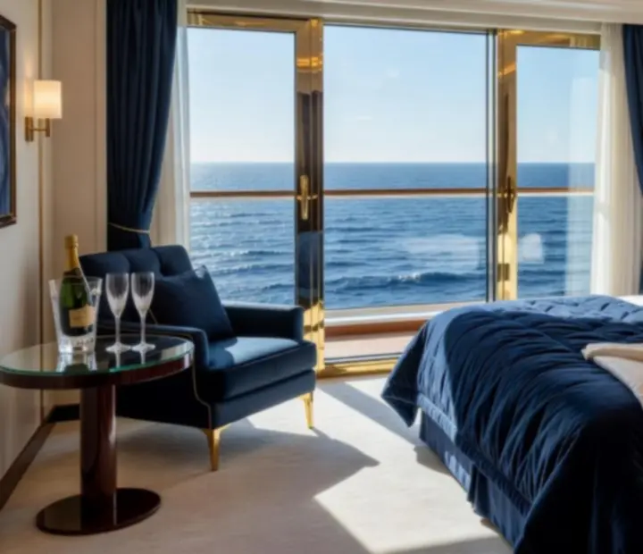 Luxury cruise ship cabin with balcony overlooking the ocean