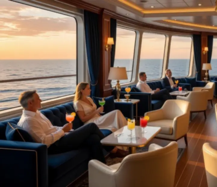 Elegant oceanview lounge bar on a cruise ship at dusk
