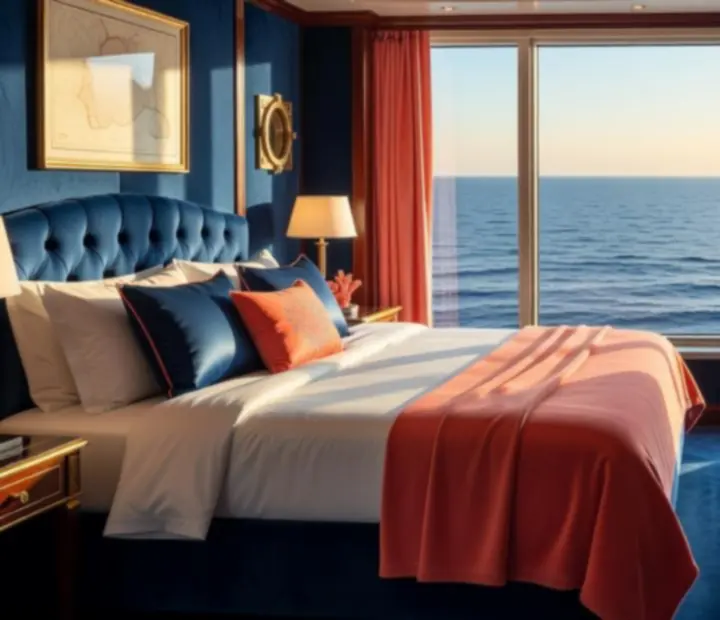 Oceanview cruise suite with panoramic window overlooking the sea