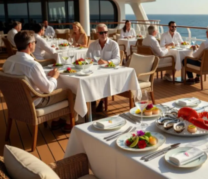 Open-air deck dining area on a cruise ship overlooking the ocean