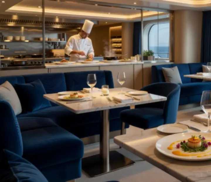 Refined signature restaurant on a cruise ship with designer lighting and ocean views