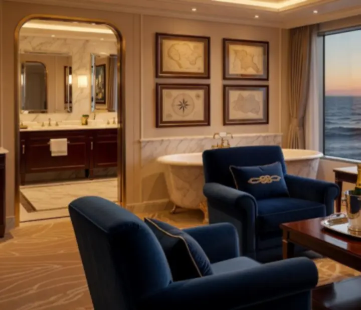 Signature cruise suite with marble bathroom and refined living area
