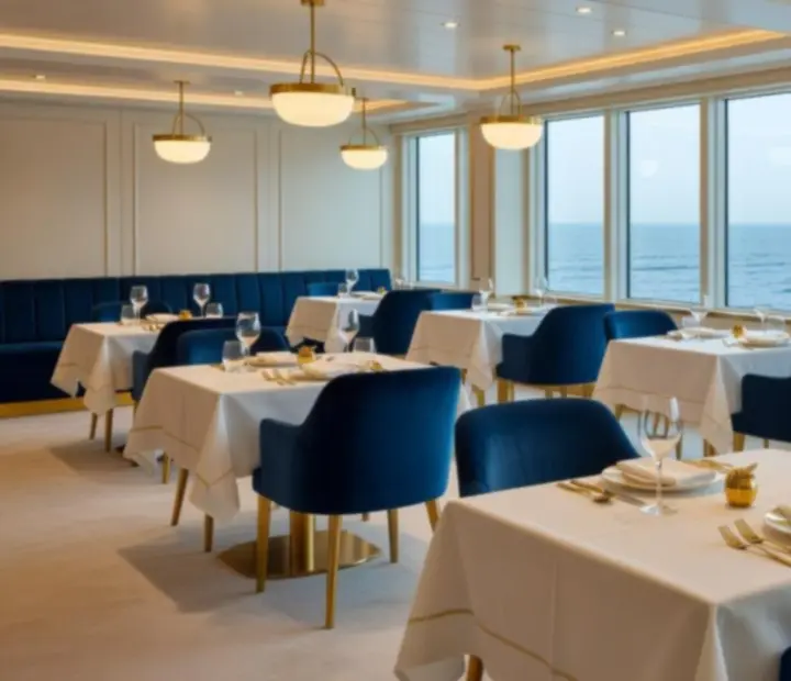 Elegant specialty restaurant interior on a cruise ship with ocean views
